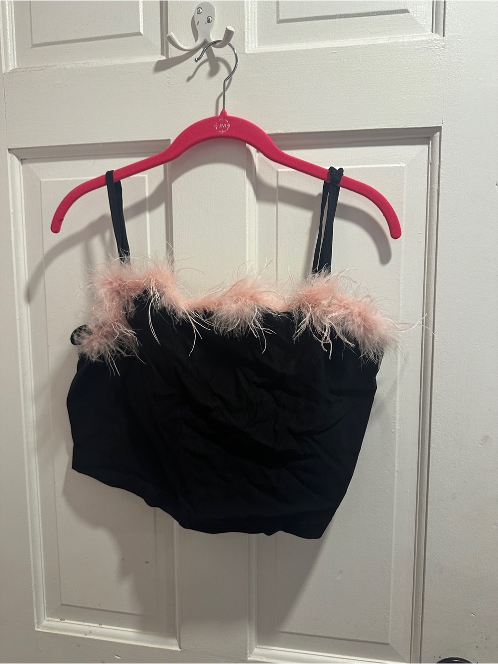 Plus Size Black Top with Pink Feather Trim